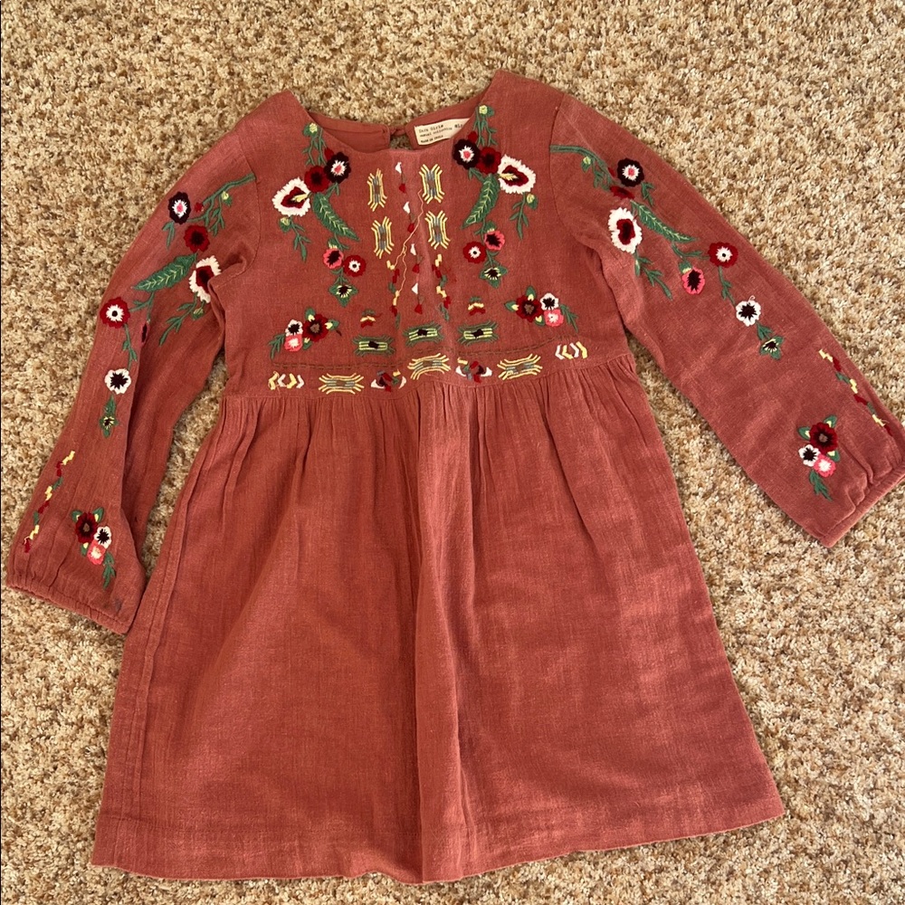 Zara Kids Dress with Floral Embroidery - Brick Red/Rust